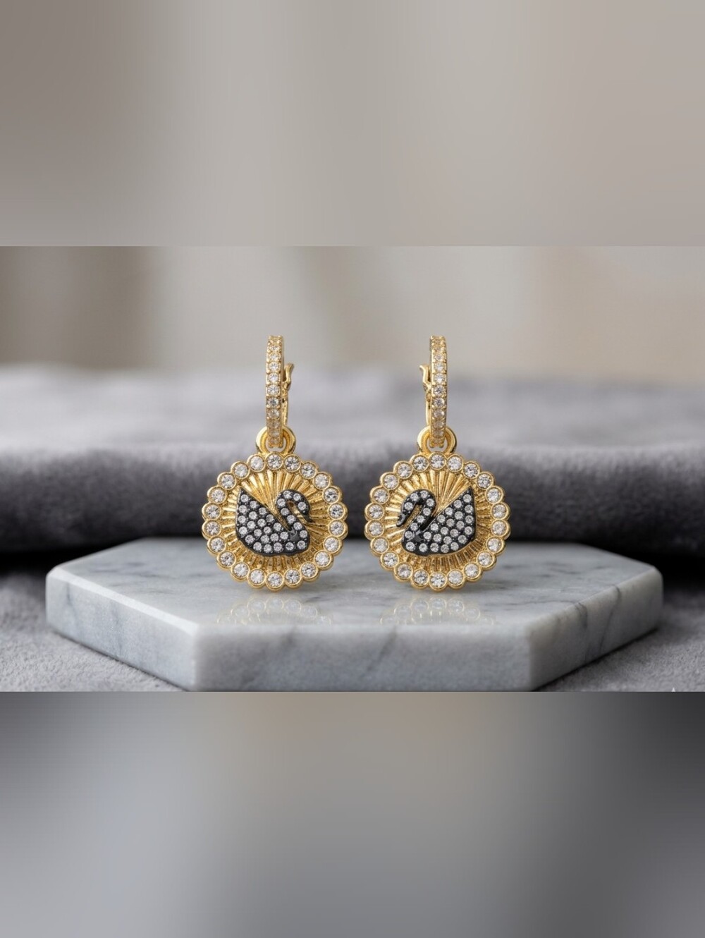 Swarovski Vintage Swan Drop Earrings – Crystal Pavé, Gold-Tone Plated